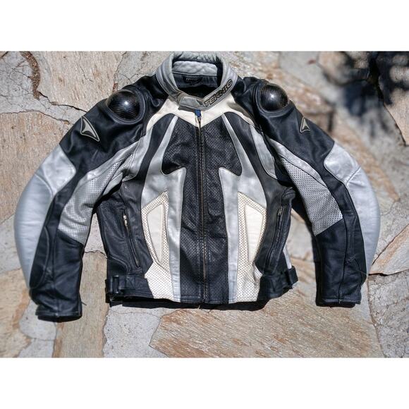 Teknic Violator Motorcycle Jacket Sz M / L Leather Silver Black White Sliders - Picture 4 of 16